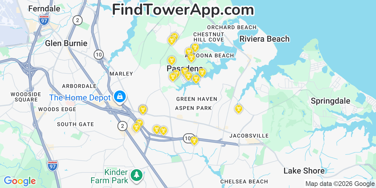 Map showing the 20 primary cell tower locations detected in Pasadena, Maryland from AT&T, Verizon, and T-Mobile networks
