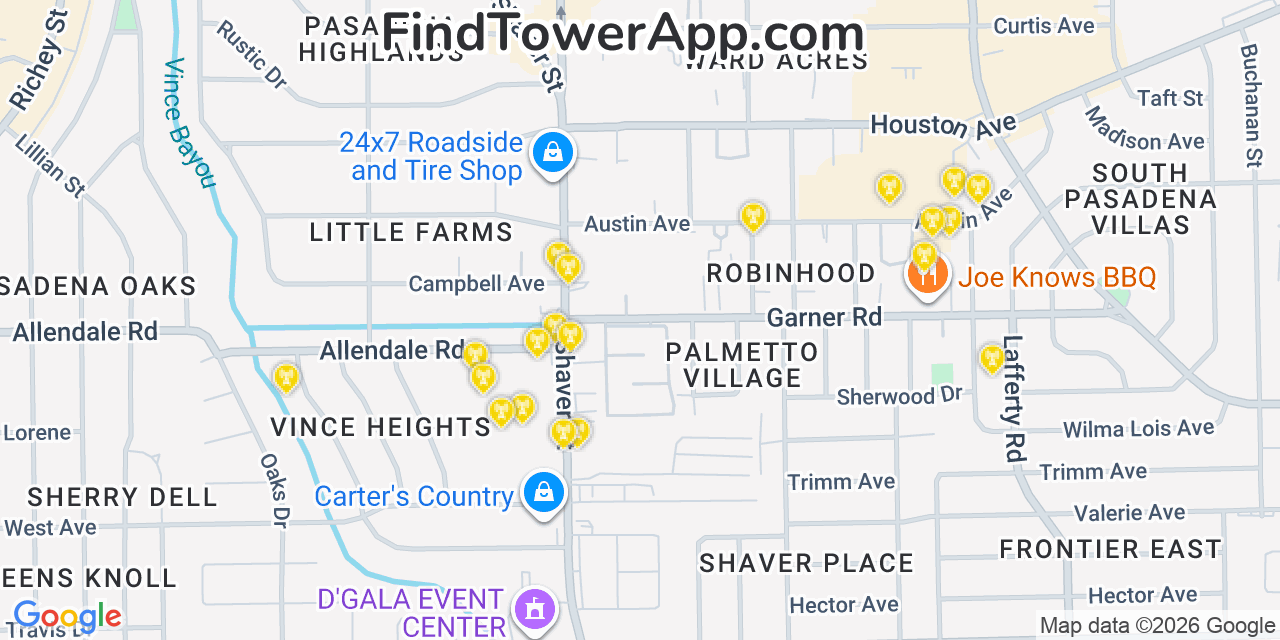 Map showing the 20 primary cell tower locations detected in Pasadena, Texas from AT&T, Verizon, and T-Mobile networks