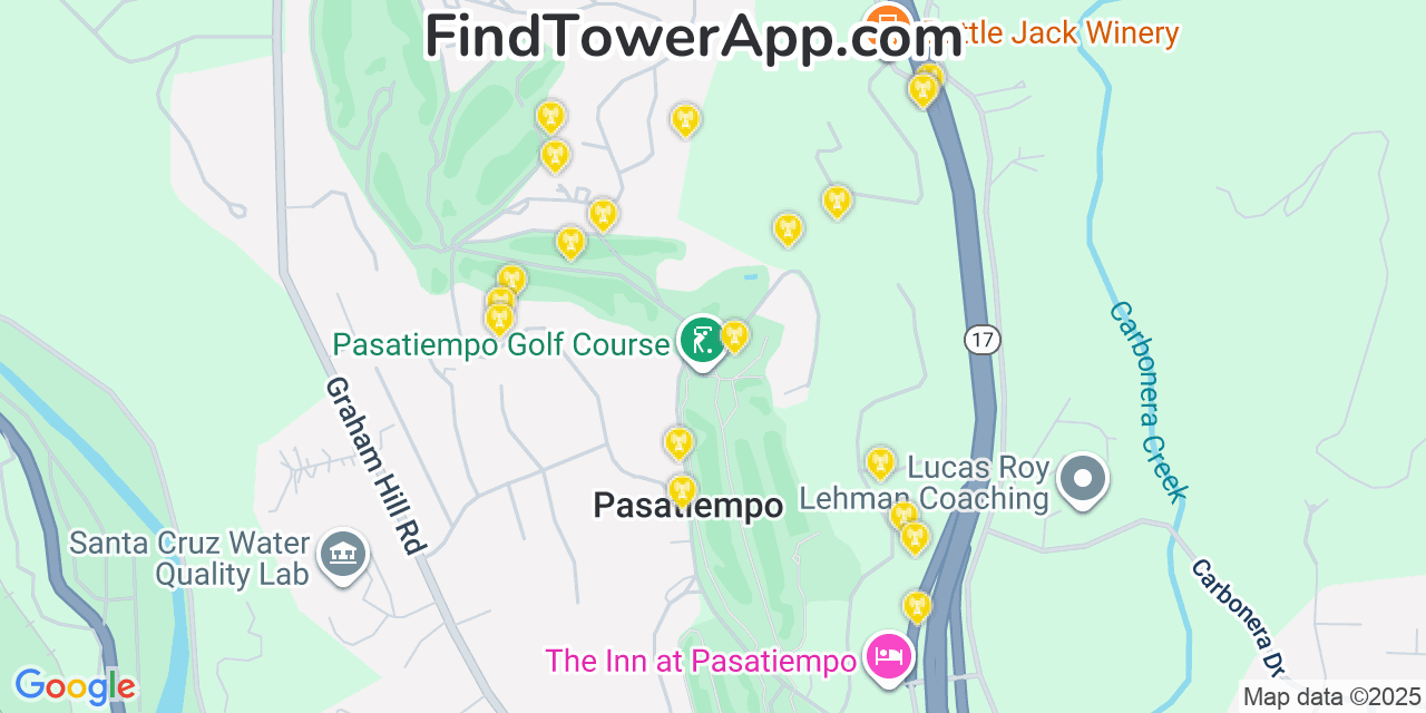 Map showing the 20 primary cell tower locations detected in Pasatiempo, California from AT&T, Verizon, and T-Mobile networks