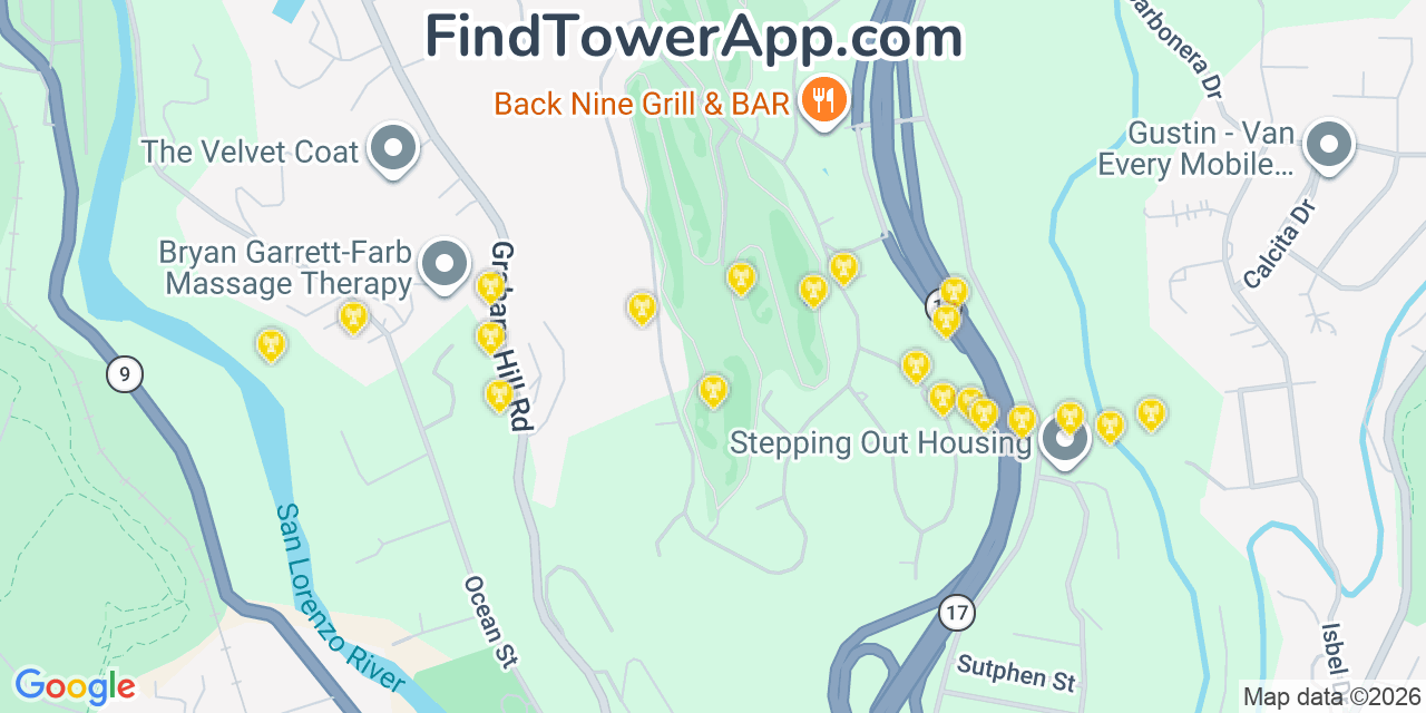 Map showing the 20 primary cell tower locations detected in Pasatiempo, California from AT&T, Verizon, and T-Mobile networks