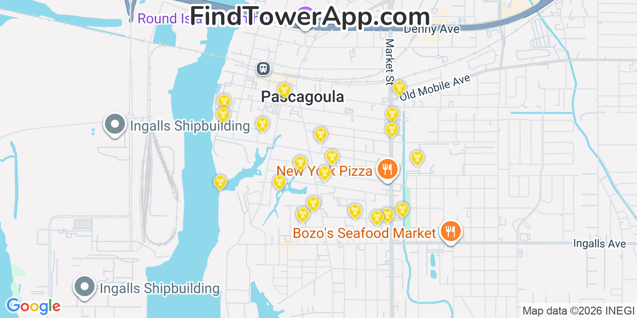 Map showing the 20 primary cell tower locations detected in Pascagoula, Mississippi from AT&T, Verizon, and T-Mobile networks