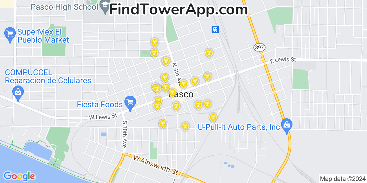 AT&T 4G/5G cell tower coverage map Pasco, Washington