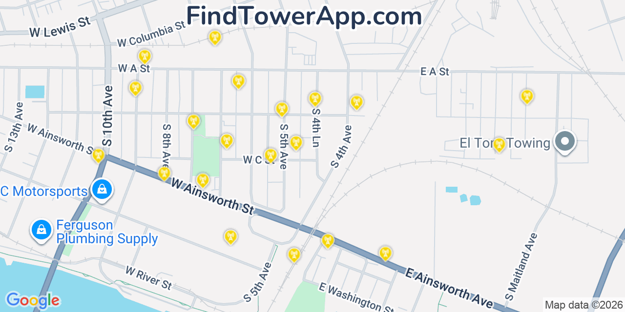 Map showing the 20 primary cell tower locations detected in Pasco, Washington from AT&T, Verizon, and T-Mobile networks