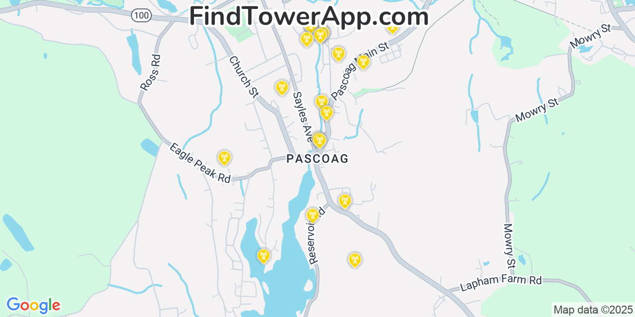 Map showing the 20 primary cell tower locations detected in Pascoag, Rhode Island from AT&T, Verizon, and T-Mobile networks