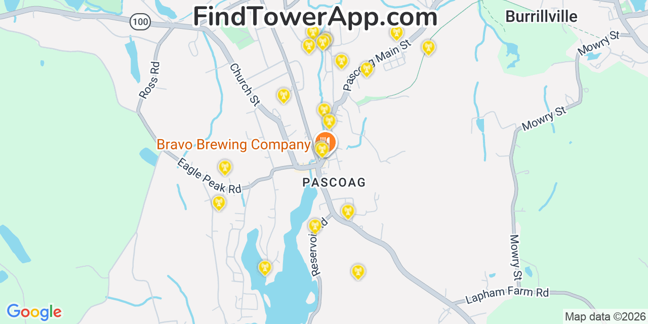 Map showing the 20 primary cell tower locations detected in Pascoag, Rhode Island from AT&T, Verizon, and T-Mobile networks