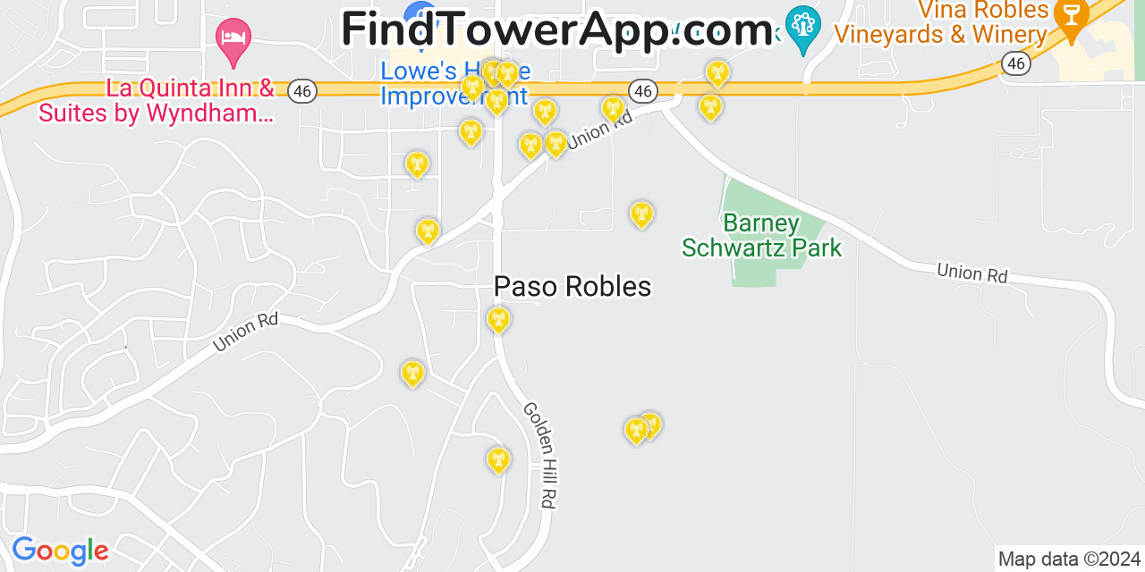 AT&T 4G/5G cell tower coverage map Paso Robles, California