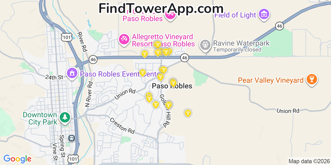 Map showing the 20 primary cell tower locations detected in Paso Robles, California from AT&T, Verizon, and T-Mobile networks