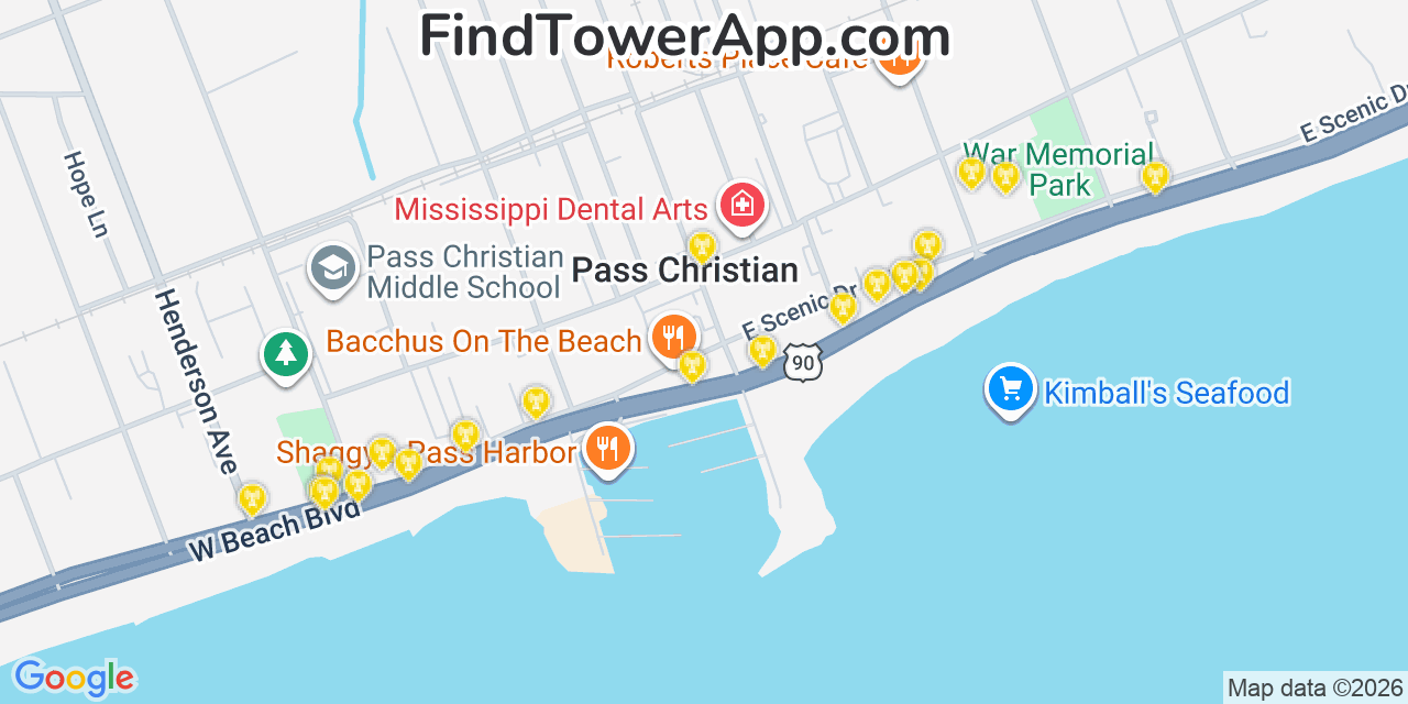 Map showing the 20 primary cell tower locations detected in Pass Christian, Mississippi from AT&T, Verizon, and T-Mobile networks