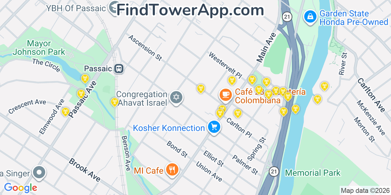 Map showing the 20 primary cell tower locations detected in Passaic, New Jersey from AT&T, Verizon, and T-Mobile networks