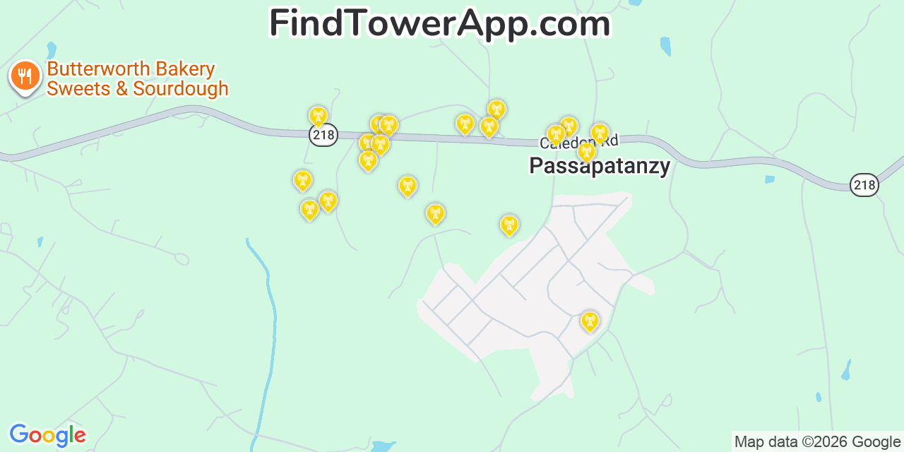 Map showing the 20 primary cell tower locations detected in Passapatanzy, Virginia from AT&T, Verizon, and T-Mobile networks