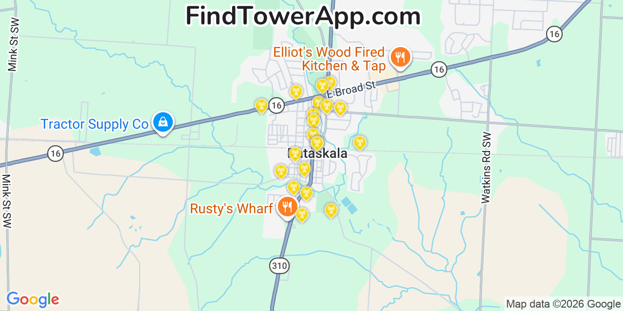 Map showing the 20 primary cell tower locations detected in Pataskala, Ohio from AT&T, Verizon, and T-Mobile networks