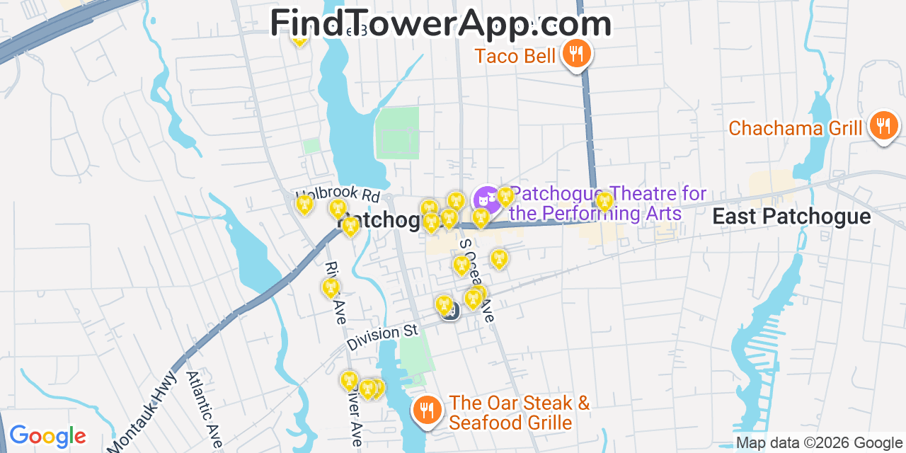 Map showing the 20 primary cell tower locations detected in Patchogue, New York from AT&T, Verizon, and T-Mobile networks