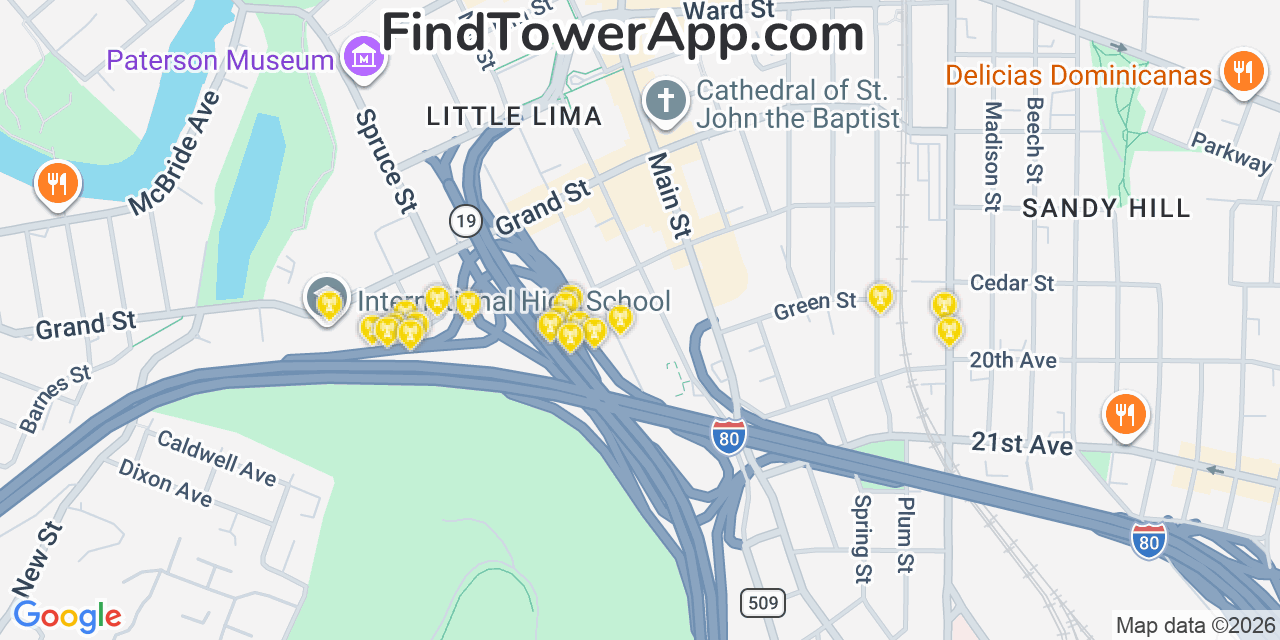 Map showing the 20 primary cell tower locations detected in Paterson, New Jersey from AT&T, Verizon, and T-Mobile networks