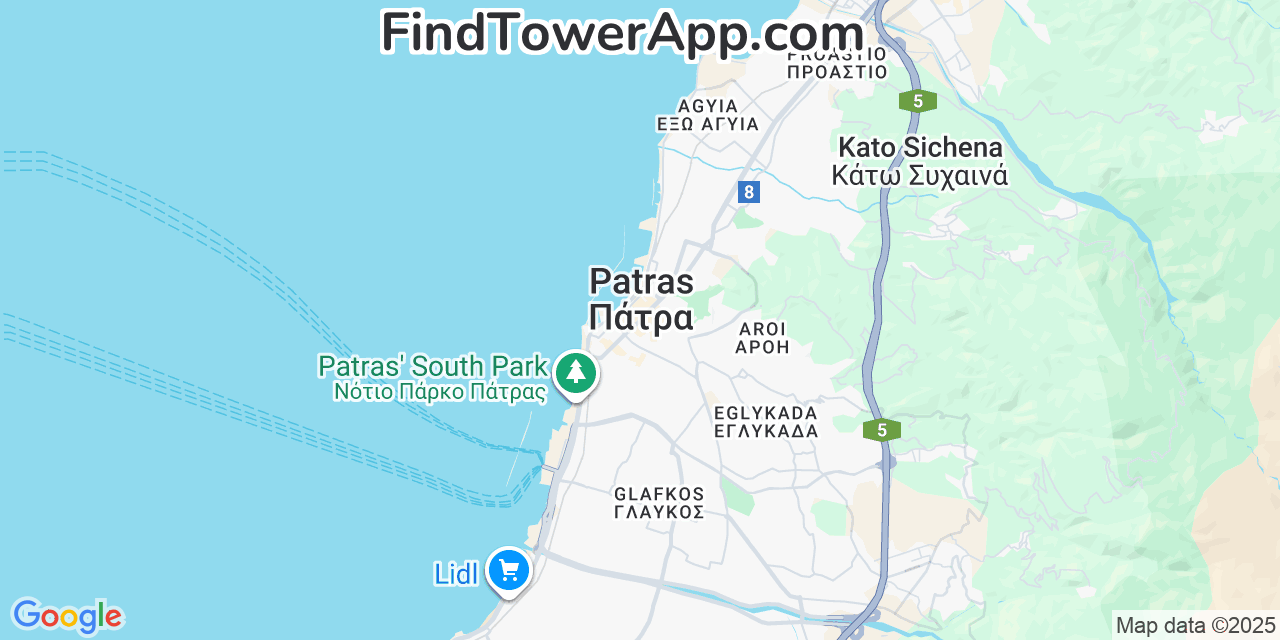 Map showing the 0 primary Cosmote cell tower locations detected in Patras, Greece with coverage radius and signal strength indicators