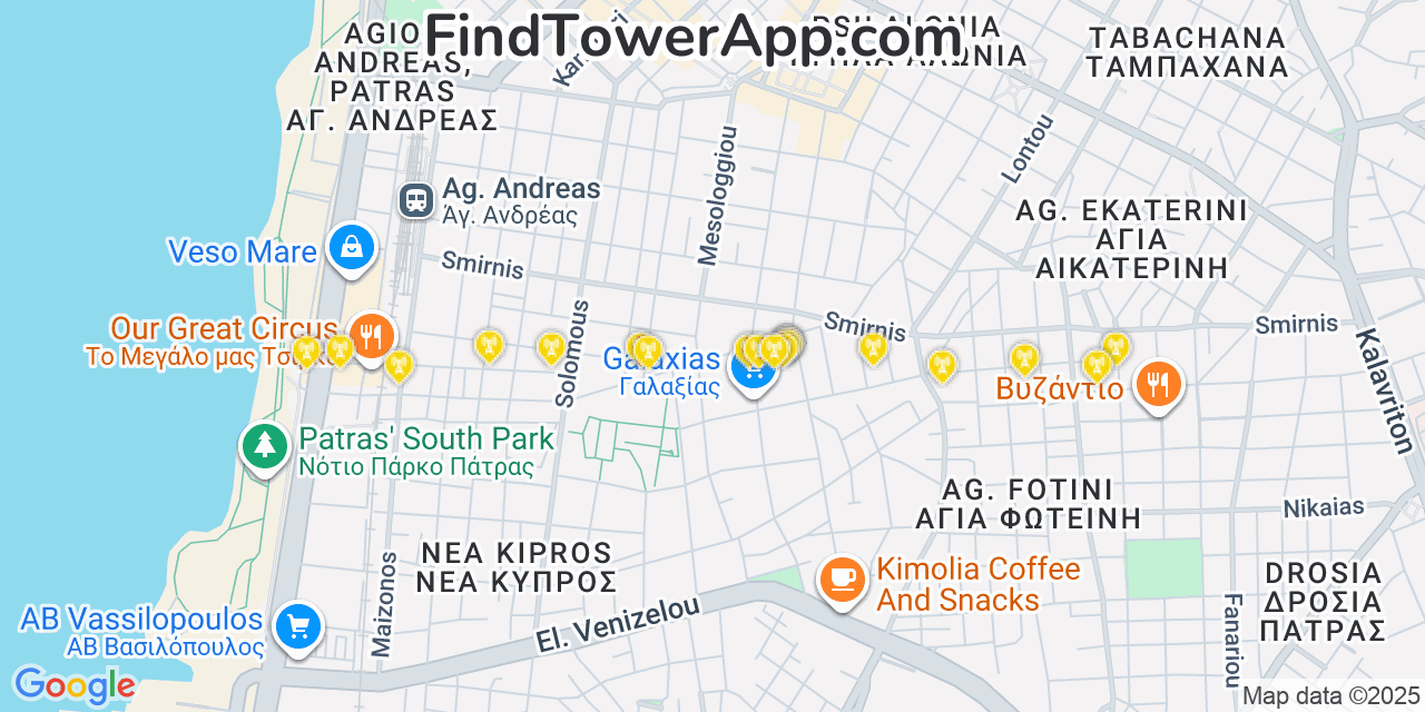 Map showing the 20 primary cell tower locations detected in Patras, Greece with coverage areas and signal strength