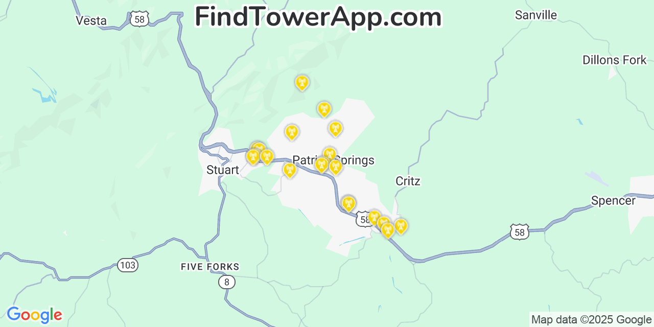 Map showing the 20 primary cell tower locations detected in Patrick Springs, Virginia from AT&T, Verizon, and T-Mobile networks
