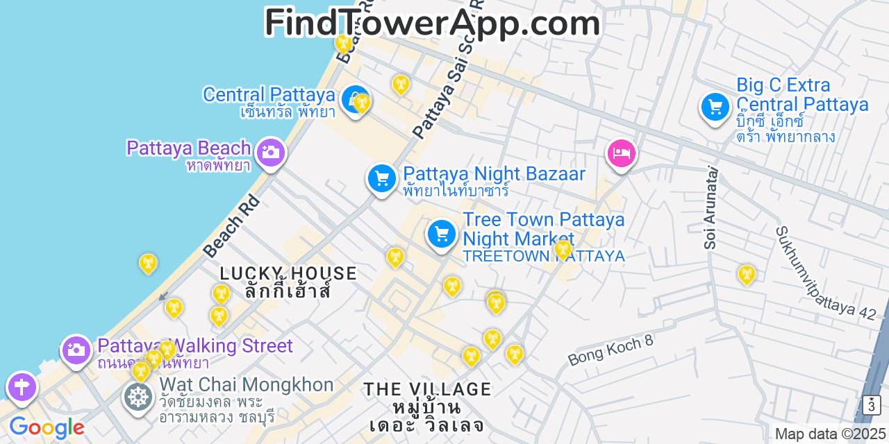 Map showing the 20 primary cell tower locations detected in Pattaya, Thailand with coverage areas and signal strength
