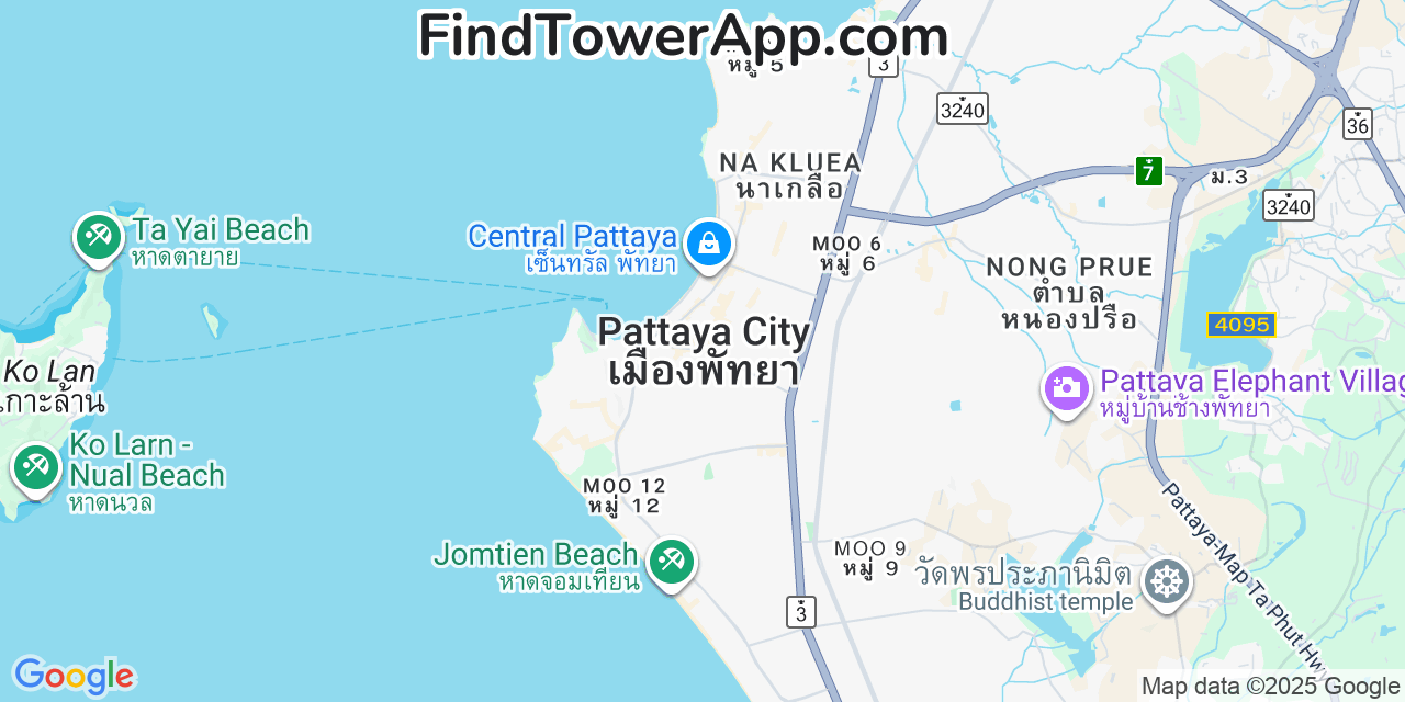 Map showing the 0 primary TOT-Public-Company cell tower locations detected in Pattaya, Thailand with coverage radius and signal strength indicators