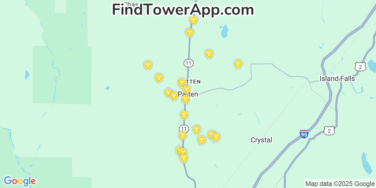 Map showing the 20 primary cell tower locations detected in Patten, Maine from AT&T, Verizon, and T-Mobile networks