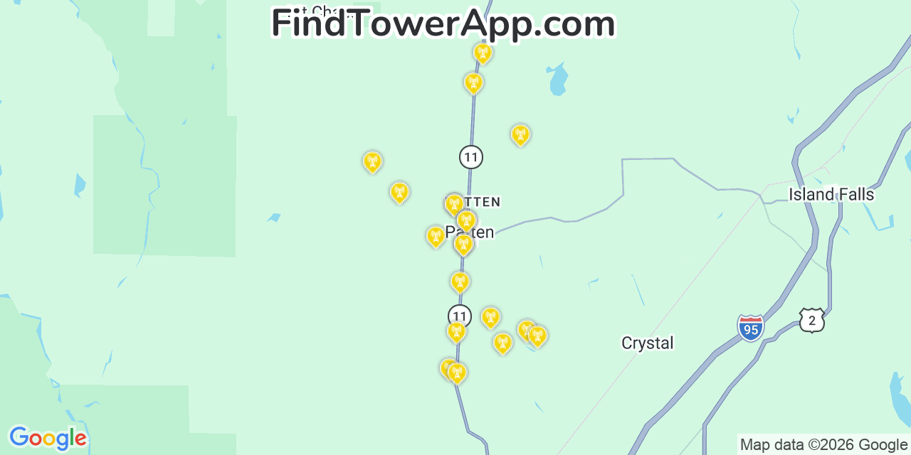 Map showing the 20 primary cell tower locations detected in Patten, Maine from AT&T, Verizon, and T-Mobile networks