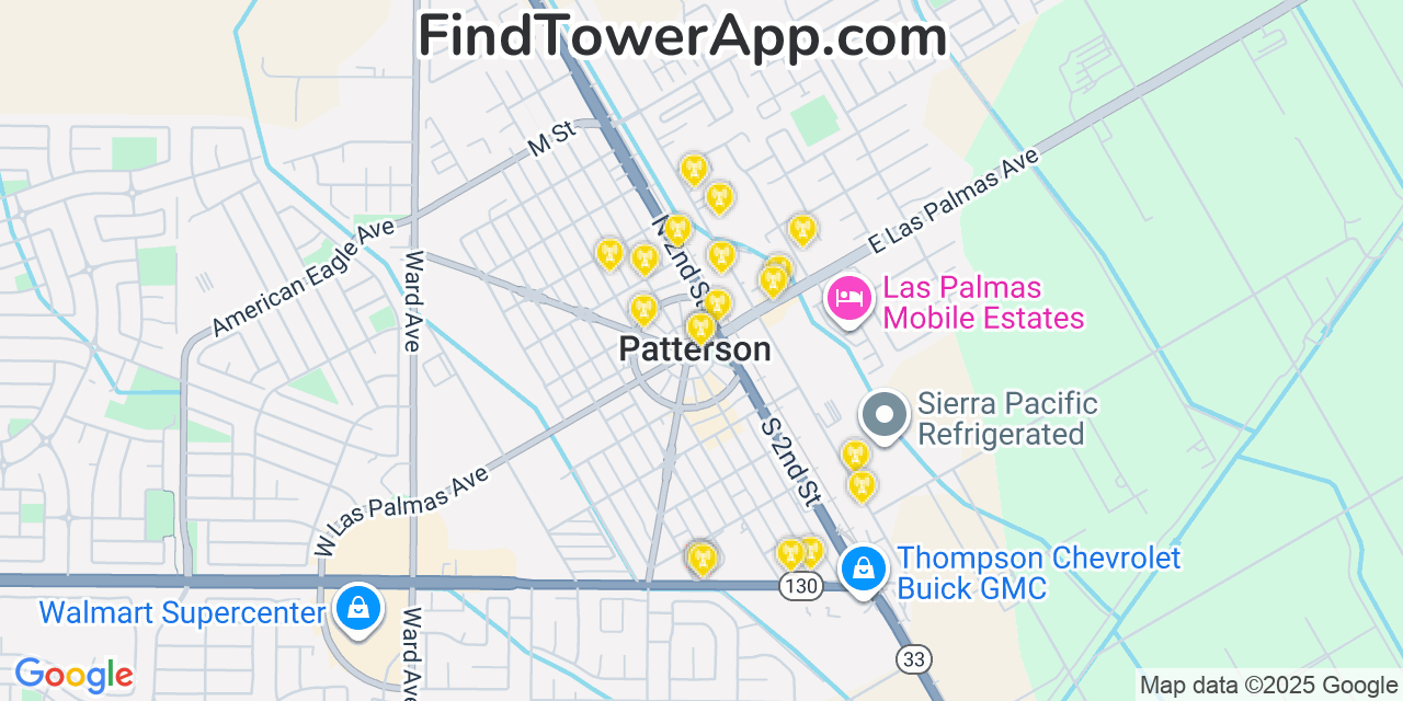 Map showing the 20 primary cell tower locations detected in Patterson, California from AT&T, Verizon, and T-Mobile networks