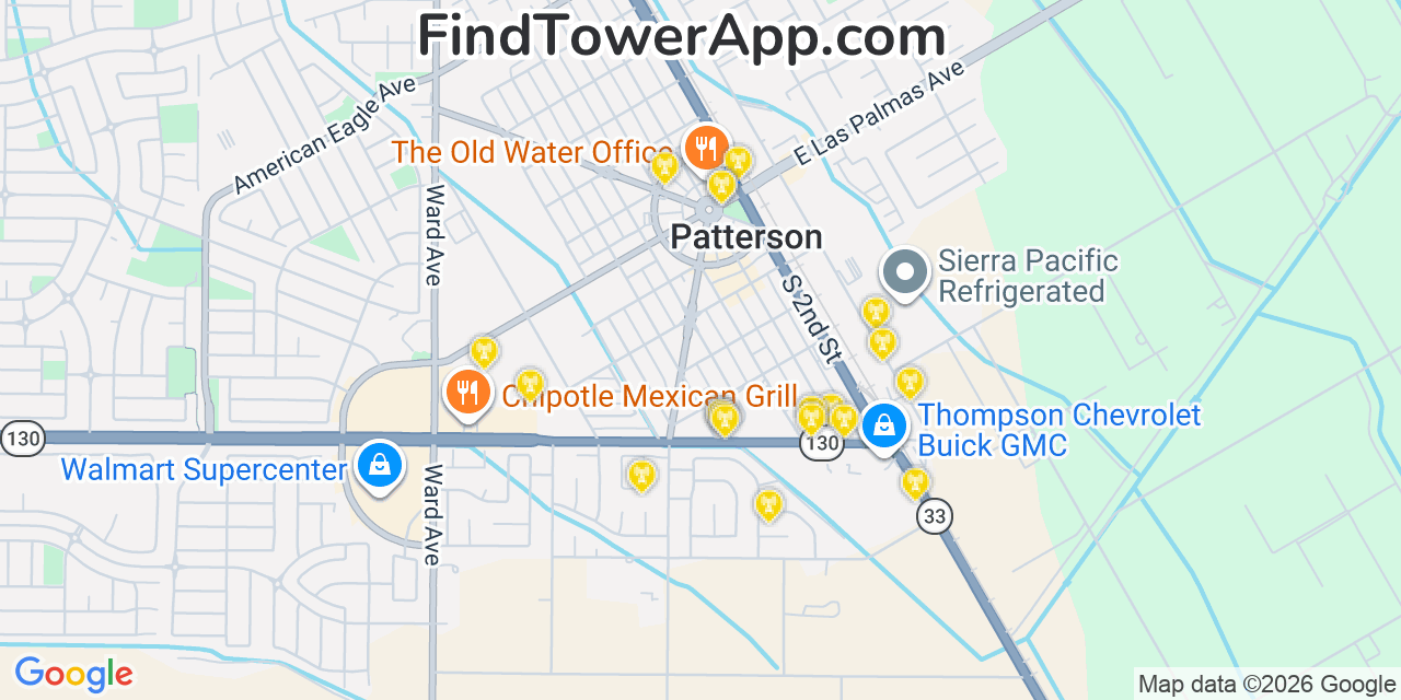Map showing the 20 primary cell tower locations detected in Patterson, California from AT&T, Verizon, and T-Mobile networks