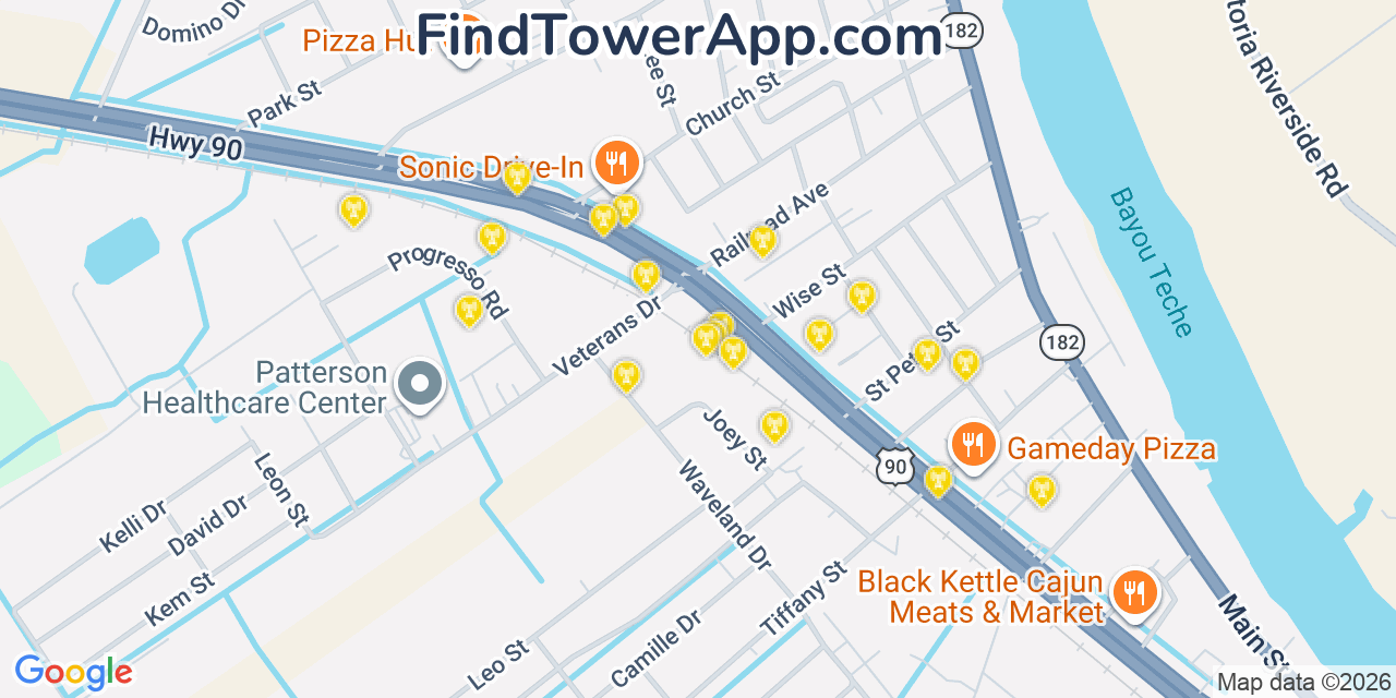 Map showing the 20 primary cell tower locations detected in Patterson, Louisiana from AT&T, Verizon, and T-Mobile networks