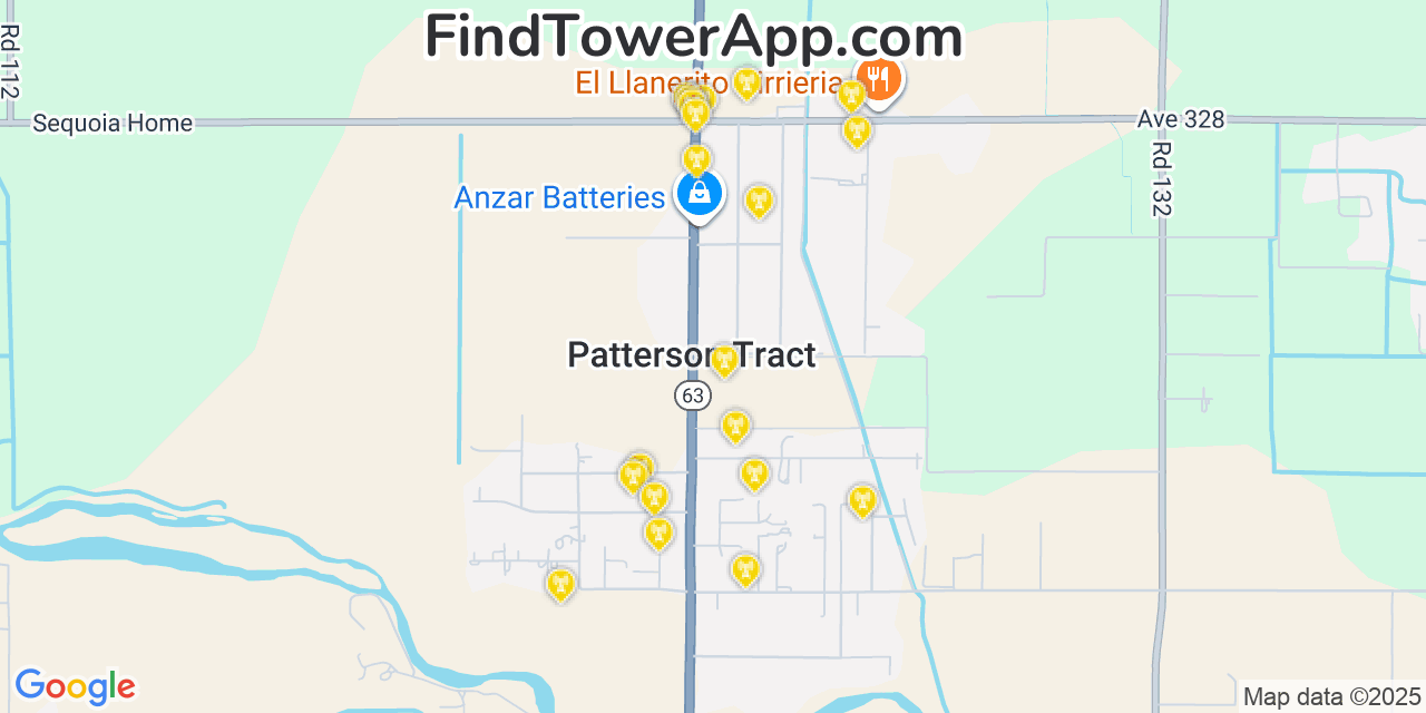 Map showing the 20 primary cell tower locations detected in Patterson Tract, California from AT&T, Verizon, and T-Mobile networks