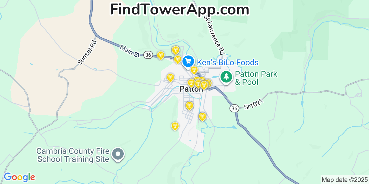 Map showing the 20 primary cell tower locations detected in Patton, Pennsylvania from AT&T, Verizon, and T-Mobile networks