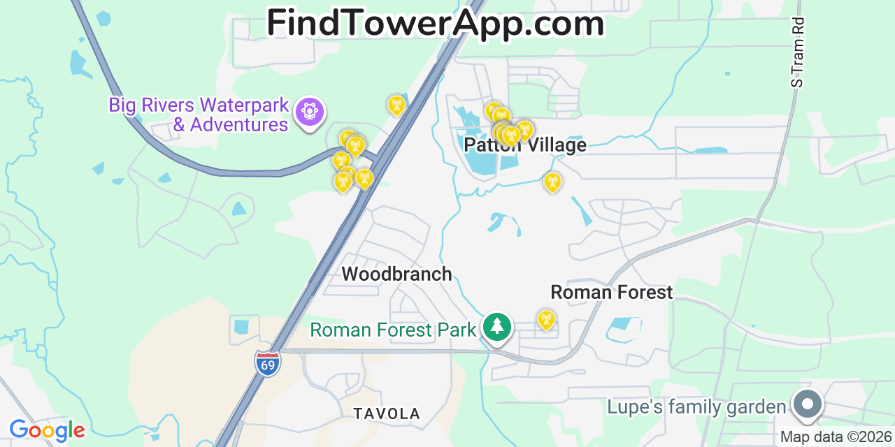 Map showing the 20 primary cell tower locations detected in Patton Village, Texas from AT&T, Verizon, and T-Mobile networks