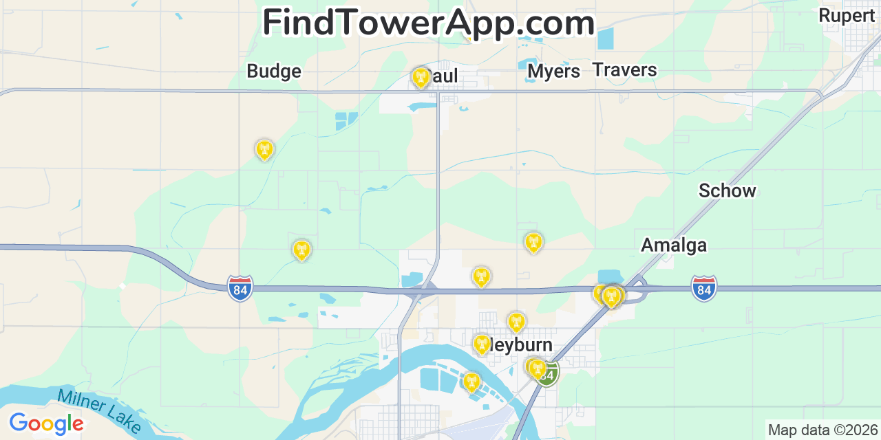 Map showing the 20 primary cell tower locations detected in Paul, Idaho from AT&T, Verizon, and T-Mobile networks
