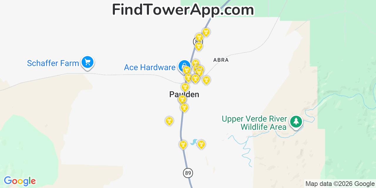 Map showing the 20 primary cell tower locations detected in Paulden, Arizona from AT&T, Verizon, and T-Mobile networks