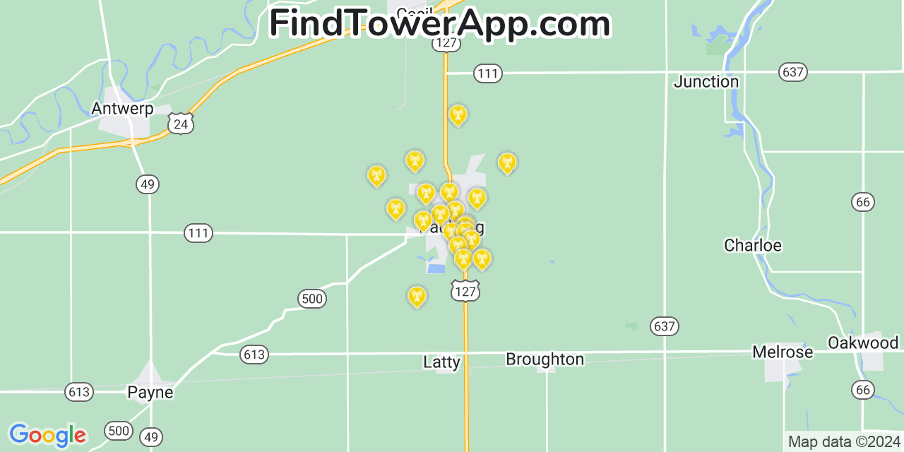 AT&T 4G/5G cell tower coverage map Paulding, Ohio