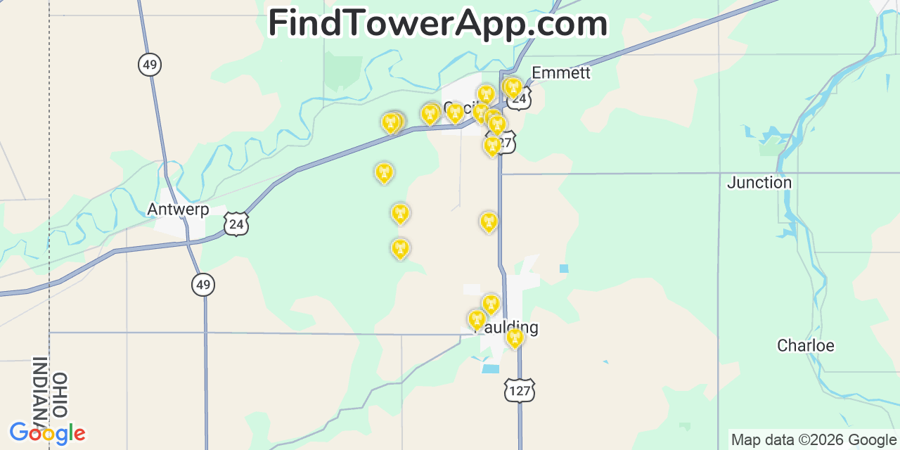 Map showing the 20 primary cell tower locations detected in Paulding, Ohio from AT&T, Verizon, and T-Mobile networks