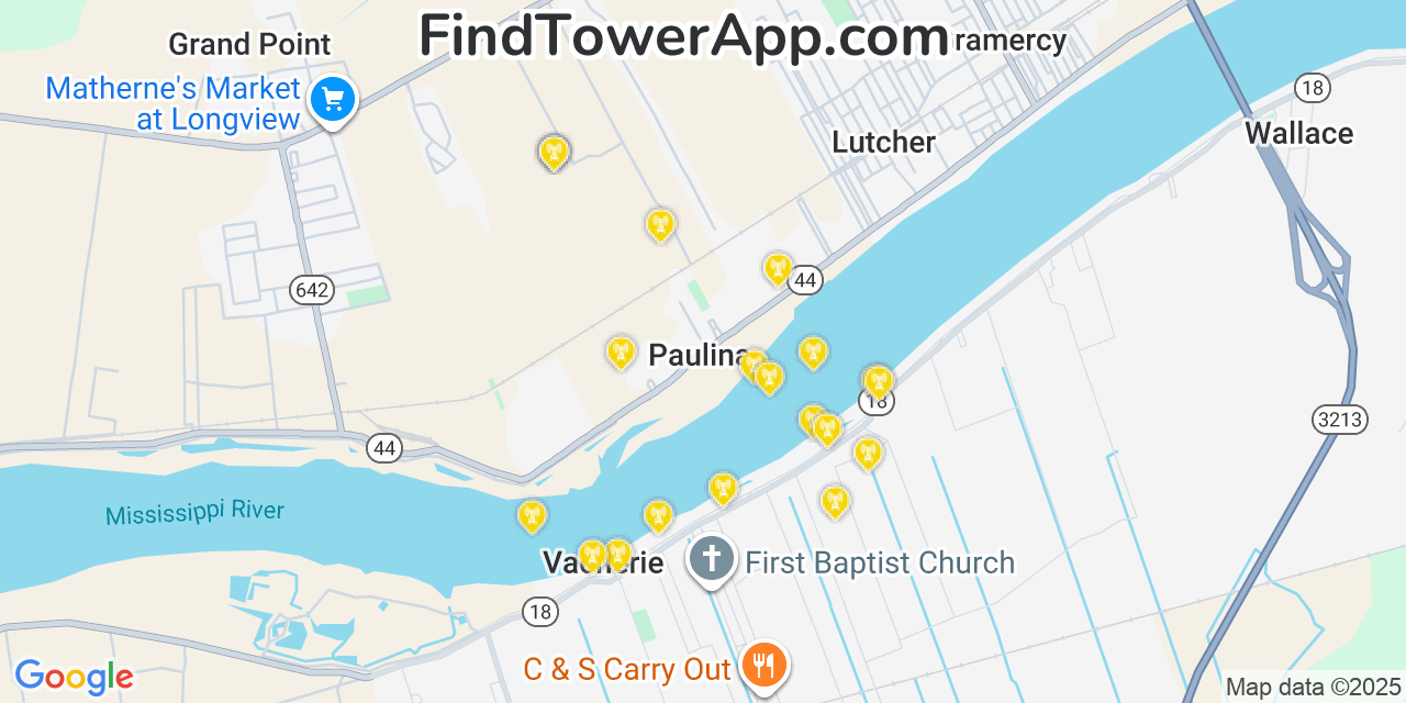 Map showing the 20 primary cell tower locations detected in Paulina, Louisiana from AT&T, Verizon, and T-Mobile networks