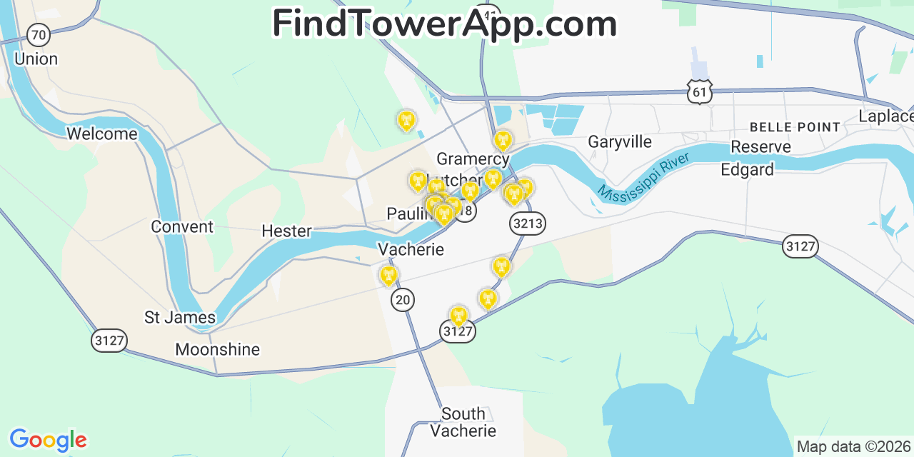 Map showing the 20 primary cell tower locations detected in Paulina, Louisiana from AT&T, Verizon, and T-Mobile networks