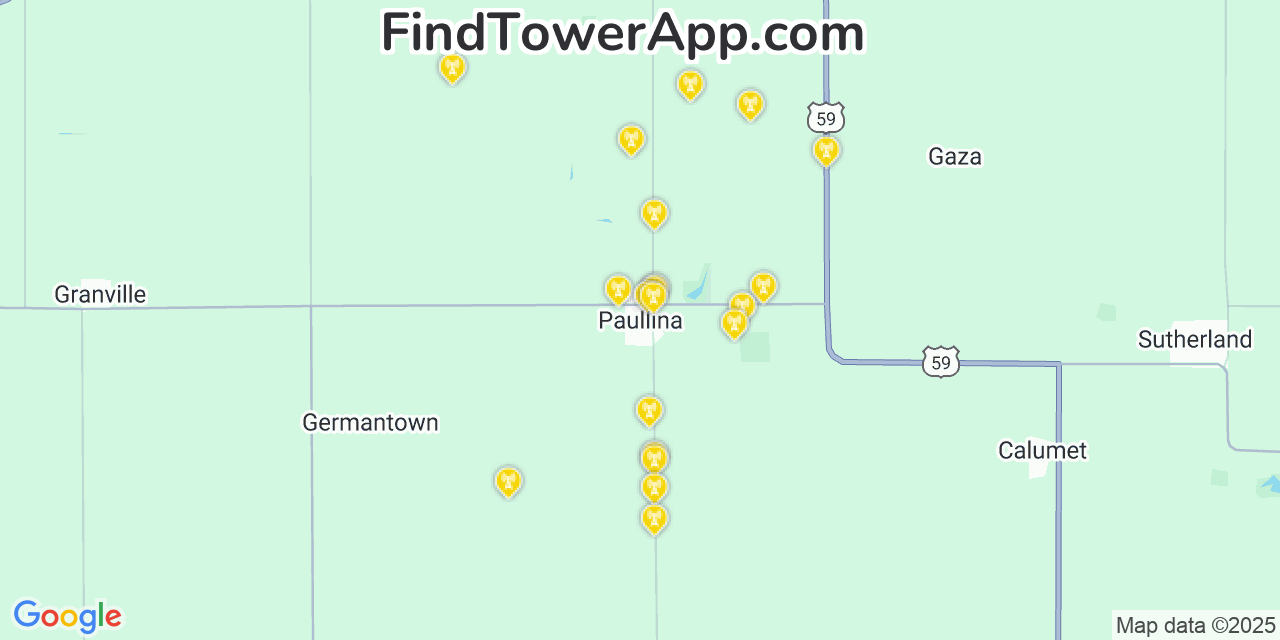 Map showing the 20 primary cell tower locations detected in Paullina, Iowa from AT&T, Verizon, and T-Mobile networks