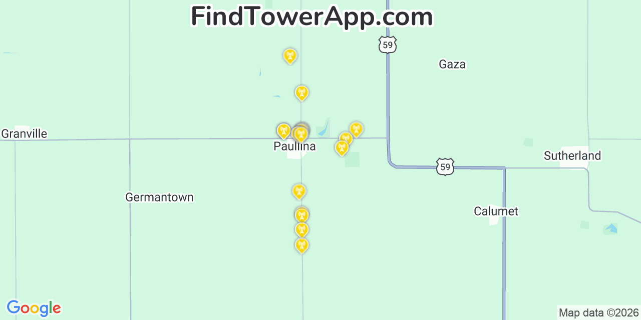 Map showing the 20 primary cell tower locations detected in Paullina, Iowa from AT&T, Verizon, and T-Mobile networks