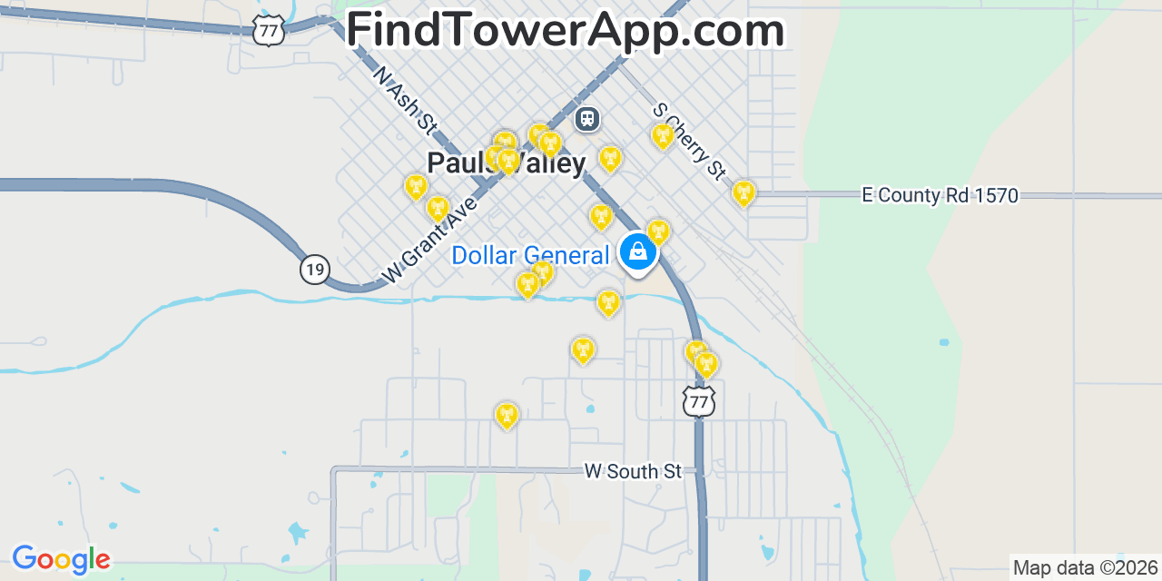 Map showing the 20 primary cell tower locations detected in Pauls Valley, Oklahoma from AT&T, Verizon, and T-Mobile networks