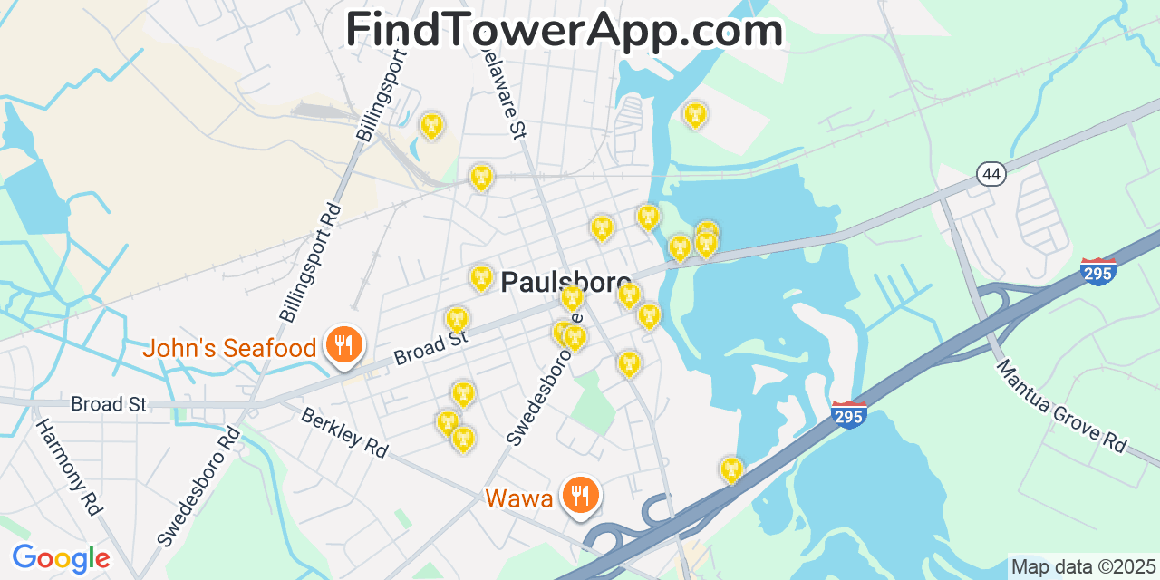 Map showing the 20 primary cell tower locations detected in Paulsboro, New Jersey from AT&T, Verizon, and T-Mobile networks