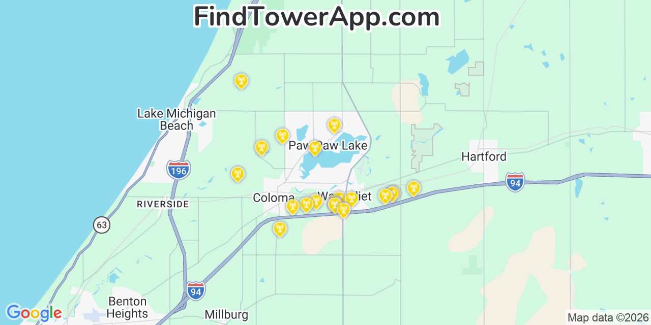 Map showing the 20 primary cell tower locations detected in Paw Paw Lake, Michigan from AT&T, Verizon, and T-Mobile networks