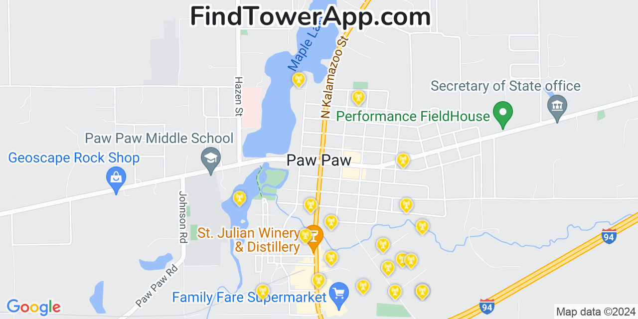 AT&T 4G/5G cell tower coverage map Paw Paw, Michigan