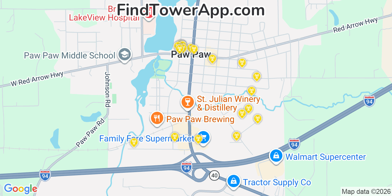 Map showing the 20 primary cell tower locations detected in Paw Paw, Michigan from AT&T, Verizon, and T-Mobile networks