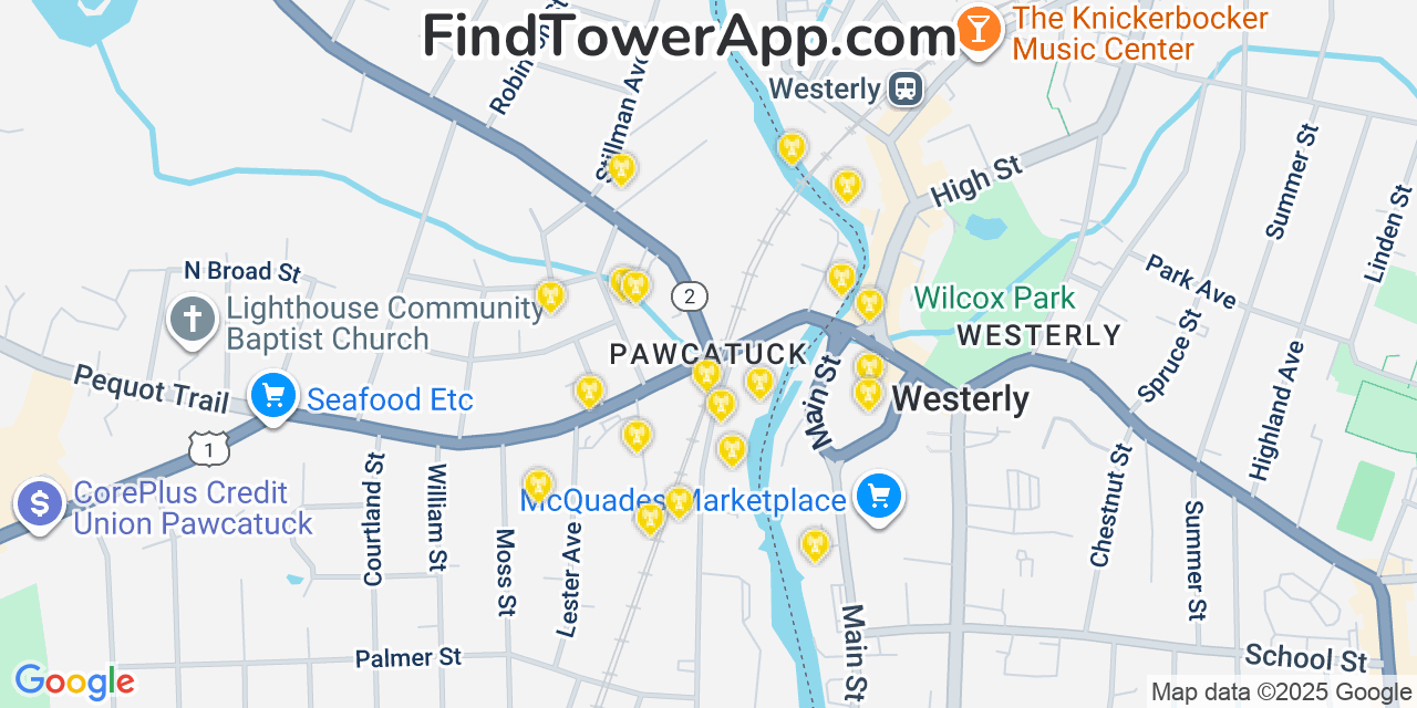 Map showing the 20 primary cell tower locations detected in Pawcatuck, Connecticut from AT&T, Verizon, and T-Mobile networks