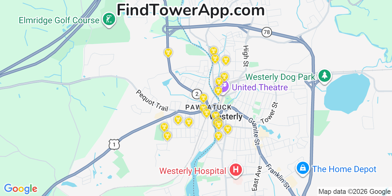 Map showing the 20 primary cell tower locations detected in Pawcatuck, Connecticut from AT&T, Verizon, and T-Mobile networks