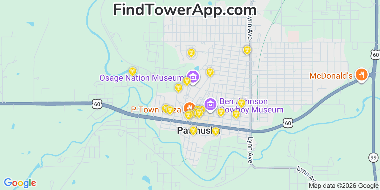 Map showing the 20 primary cell tower locations detected in Pawhuska, Oklahoma from AT&T, Verizon, and T-Mobile networks