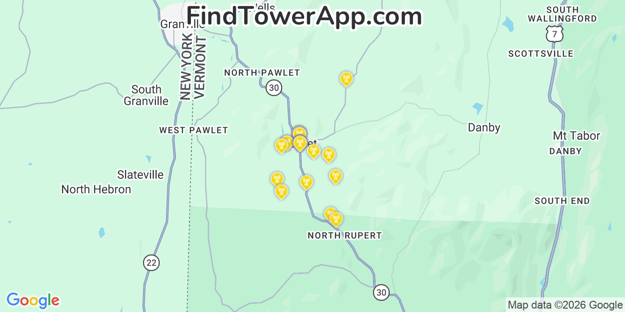 Map showing the 20 primary cell tower locations detected in Pawlet, Vermont from AT&T, Verizon, and T-Mobile networks