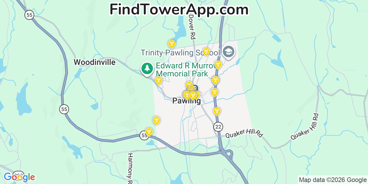 Map showing the 20 primary cell tower locations detected in Pawling, New York from AT&T, Verizon, and T-Mobile networks