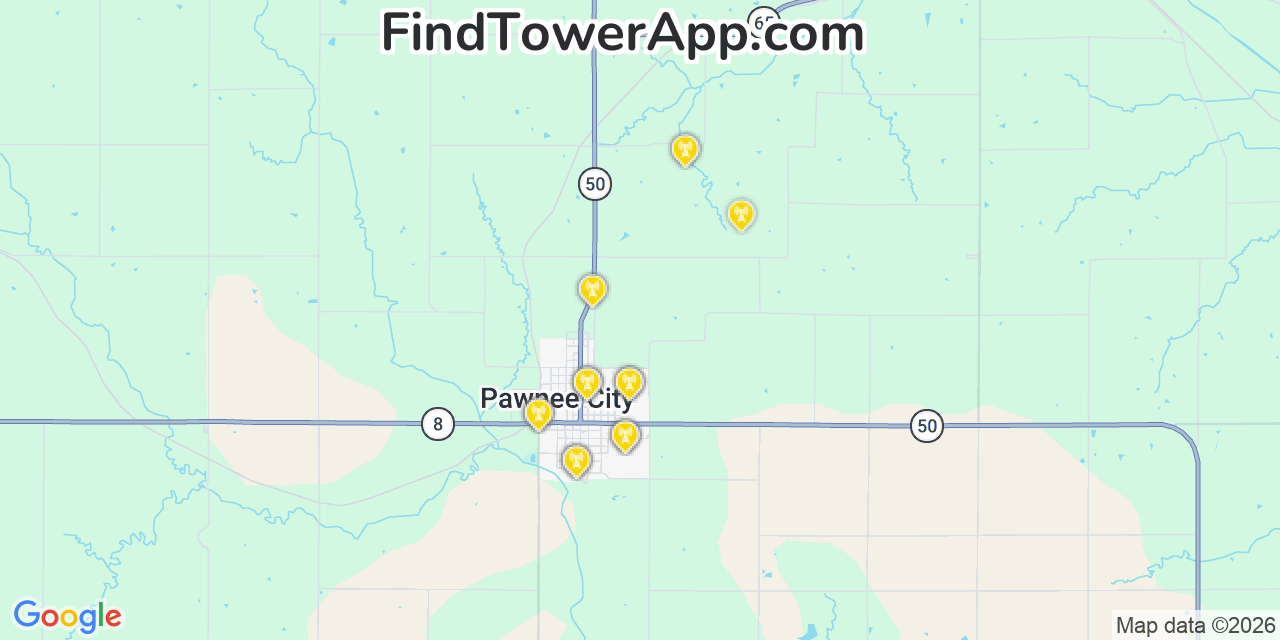 Map showing the 20 primary cell tower locations detected in Pawnee City, Nebraska from AT&T, Verizon, and T-Mobile networks
