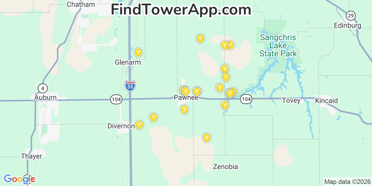 Map showing the 20 primary cell tower locations detected in Pawnee, Illinois from AT&T, Verizon, and T-Mobile networks